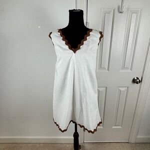 Petal & Pup Calliope White V Neck Scalloped Trim Linen Cotton Mini Dress Size L